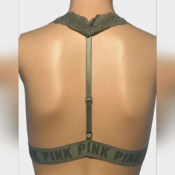 Victoria's Secret Pink Lace T-Strap Logo Bralette in Army Green Size Small - Picture 4 of 13